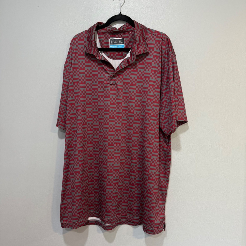 Etonic Mens Golf Polo Shirt 2X‎ Large Red Grey Checkered Short Sleeve Athletic